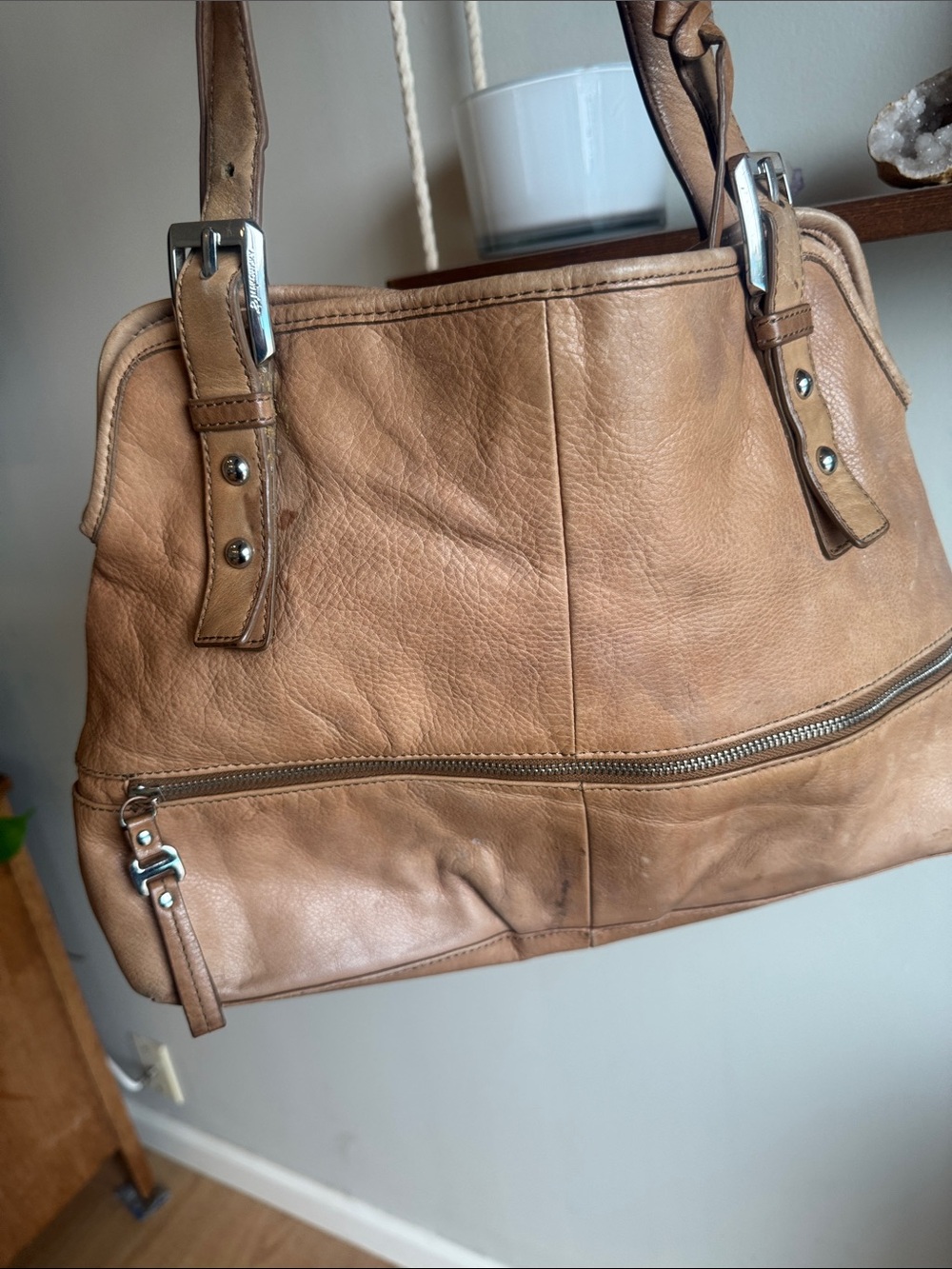 b. makowsky Tan Leather Shoulder Bag with Front Zip Pocket